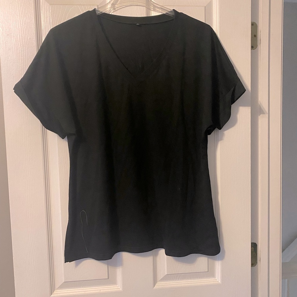 Black V-Neck Cuffed Sleeve Top